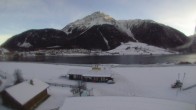 Archiv Foto Webcam Schöneben: Talstation der Bergbahn mit Blick auf Reschensee und Dorf Reschen 07:00