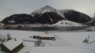 Archiv Foto Webcam Schöneben: Talstation der Bergbahn mit Blick auf Reschensee und Dorf Reschen 09:00