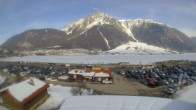 Archiv Foto Webcam Schöneben: Talstation der Bergbahn mit Blick auf Reschensee und Dorf Reschen 13:00